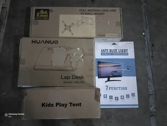 PALLET OF ASSORTED ITEMS INCLUDING KIDS PLAY TENT, HUANUO LAP DESK, ANTI BLUE LIGHT SCREEN PROTECTOR, FULL MOTION LONG ARM TV WALL MOUNT, HIGH FIDELITY TURNTABLE SYSTEM, FITNESS TRAMPOLINE 