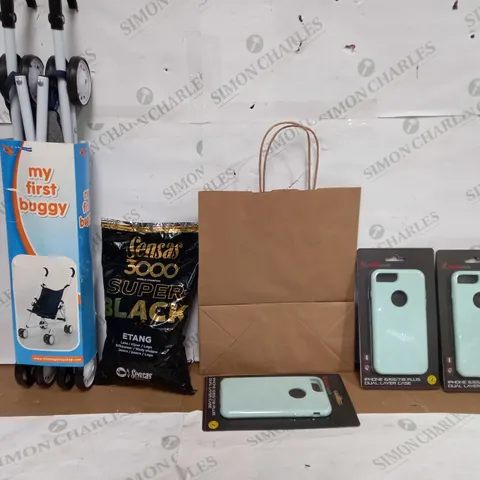 LOT OF APPROXIMATELY 6 ITEMS TO INCLUDE MY FIRST BUGGY, LARGE QUANTITY OF PAPER BAGS, BLACKWEB PHON CASES, ETC