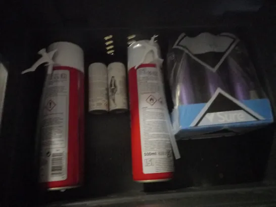 BOX OF APPROX 10 ASSORTED AEROSOLS INCLUDING IMPULSE BE SURPRISED DEODORANT, GORILLA FILLER EXPANDING FOAM AND OLIVE OIL - COLLECTION ONLYY