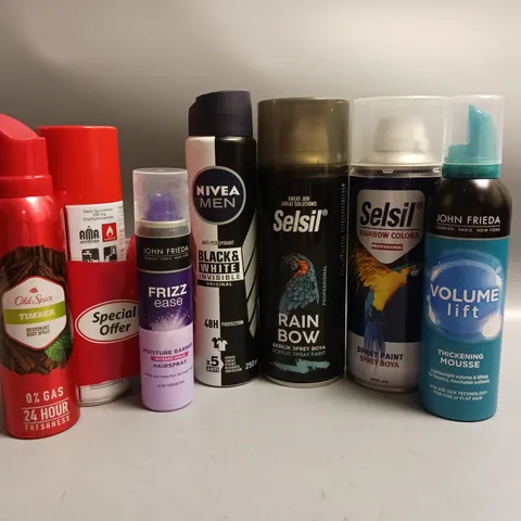 APPROXIMATELY 12 ASSORTED AEROSOLS TO INCLUDE JOHN FRIEDA THICKENING MOUSSE, SELSIL SPRAY PAINT, OLD SPICE DEODERANT ETC COLLECTION ONLY