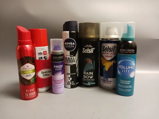 APPROXIMATELY 12 ASSORTED AEROSOLS TO INCLUDE JOHN FRIEDA THICKENING MOUSSE, SELSIL SPRAY PAINT, OLD SPICE DEODERANT ETC COLLECTION ONLY