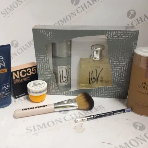 APPROXIMATELY SEVEN ASSORTED HEALTH AND BEAUTY PRODUCTS TO INCLUDE; ULRIC DE VARENS GIFT SET, YOUR SUPER.COM PLANT COLLAGEN, MAC NC35 STUDIO FIX POWDER PLUS FOUNDATION AND AVON SHAVE GEL