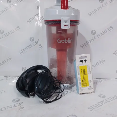 BOX OF 3 ASSORTED HOUSEHOLD ITEMS TO INCLUDE GOBLIN CLEANER CYCLONIC UNIT, EARBUDS WITH LIGHTNING CONNECTOR, AND BLUETOOTH ON-EAR HEADPHONES