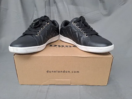 BOXED PAIR OF DUNE LONDON QUILTED LEATHER TRAINERS IN BLACK SIZE 5