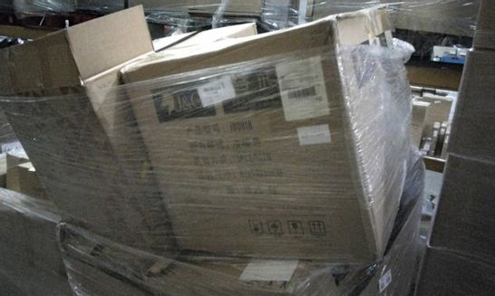 PALLET OF ASSORTED ITEMS INCLUDING BOXED OFFICE CHAIRS, BOXED ORANGE ROTATING CHAIR 