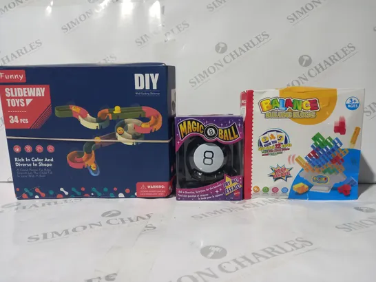 BOX OF APPROXIMATELY 20 ASSORTED TOYS AND GAMES TO INCLUDE MAGIC 8 BALL, BALANCE BUILDING BLOCKS, SLIDEAWAY TOYS, ETC