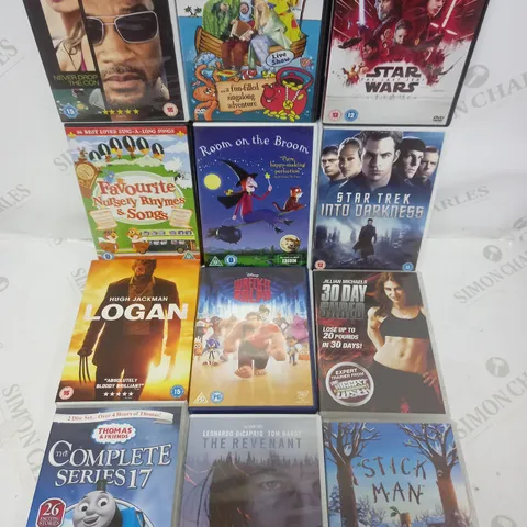 LOT OF 12 DVDs TO INCLUDE STAR TREK INTO DARKNESS, FOCUS, STAR WARS THE LAST JEDI, ETC