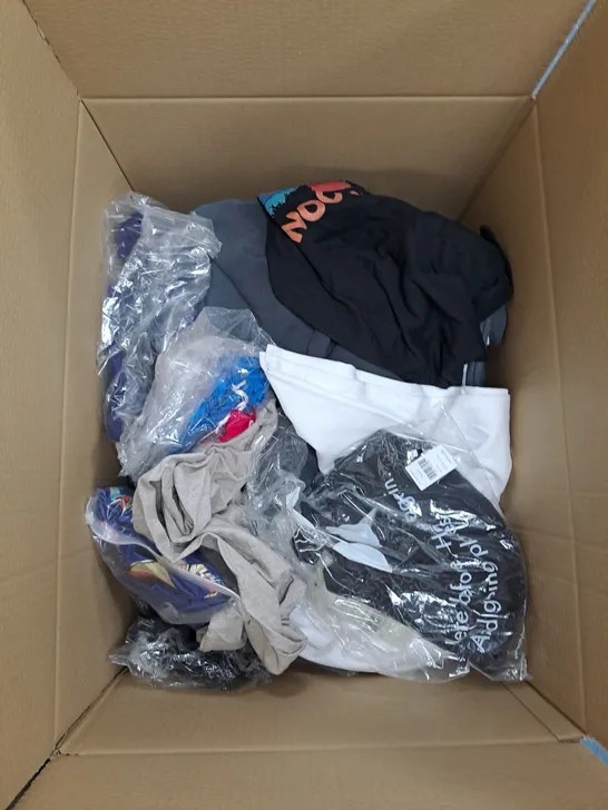 BOX OF ASSORTED CLOTHING ITEMS TO INCLUDE BOXERS, T-SHIRTS, PYJAMAS ETC