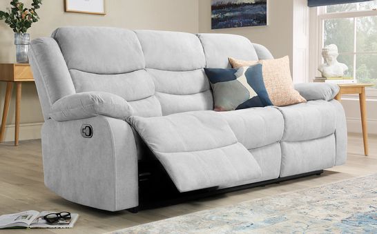 BOXED DESIGNER SORRENTO PLUSH DOVE GREY FABRIC MANUAL RECLINING THREE SEATER SOFA