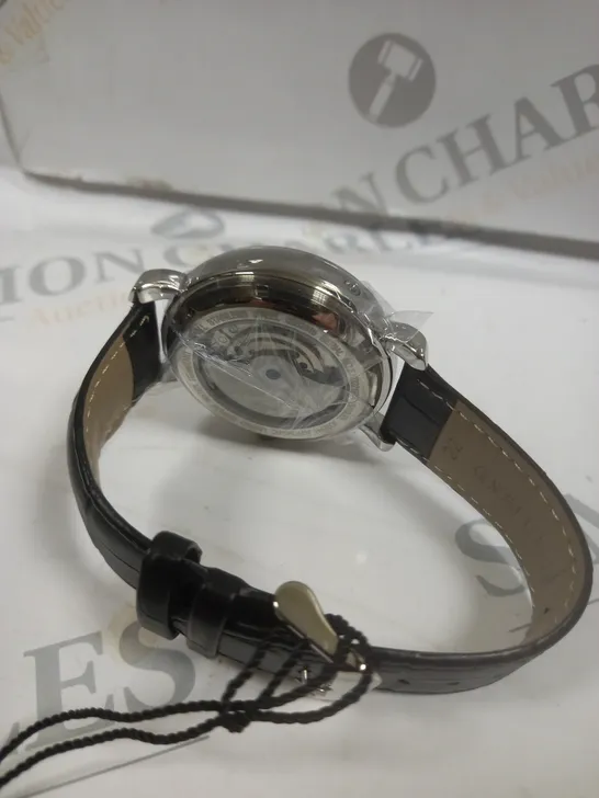 BOXED SAMUEL JOSEPH AUTOMATIC STEEL BLACK WATCH WITH LEATHER STRAP