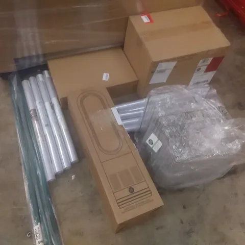 PALLET OF ASSORTED ITEMS TO INCLUDE: BLADELESS TOWER FAN, CLOTH PROPS, LARGE QUANTITY OF WINDOW FILM, METAL WIRE BASKETS ETC