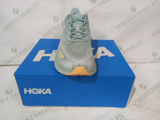 BOXED PAIR OF HOKA TRAINERS IN LIGHT BLUE UK SIZE 8