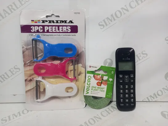 LOT OF APPROXIMATELY 10 ASSORTED HOUSEHOLD ITEMS TO INCLUDE BINATONE PHONE, ONE-WRAP PLANT TIES, 3PC PEELERS, ETC