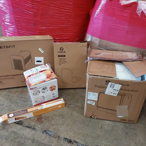 PALLET OF ASSORTED ITEMS INCLUDING: TABLETOP DISHWASHER, BABY COT, ELECTRIC POTATO PEELER, COLLAPSIBLE PET CRATE, BAMBOO DRAWER DIVIDERS, TOILET SEAT