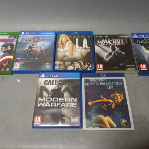 BOX OF APPROXIMATELY 10 ASSORTED ITEMS TO INCLUDE - PS4 DRAGON AGE INQUISITION , PS4 CALL OF DUTY MODERN WARFARE , BLU-RAY DISC L.A CONFIDENTIAL ETC