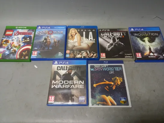 BOX OF APPROXIMATELY 10 ASSORTED ITEMS TO INCLUDE - PS4 DRAGON AGE INQUISITION , PS4 CALL OF DUTY MODERN WARFARE , BLU-RAY DISC L.A CONFIDENTIAL ETC