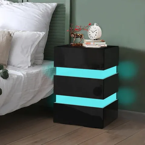 BOXED ELFORDSON BEDSIDE TABLE RGB LED NIGHTSTAND 3 DRAWERS 4 SIDE HIGH GLOSS BLACK