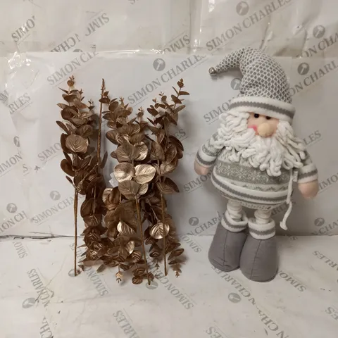2 BOXED PRODUCTS TO INCLUDE SET OF EUCALYPTUS TREE PICKS AND STANDING 16 INCH SANTA IN GREY 