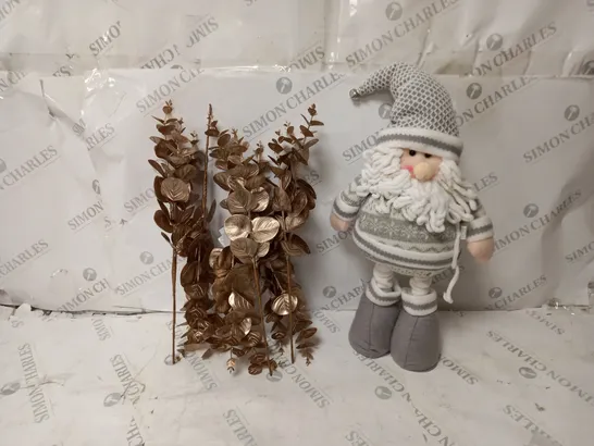 2 BOXED PRODUCTS TO INCLUDE SET OF EUCALYPTUS TREE PICKS AND STANDING 16 INCH SANTA IN GREY 