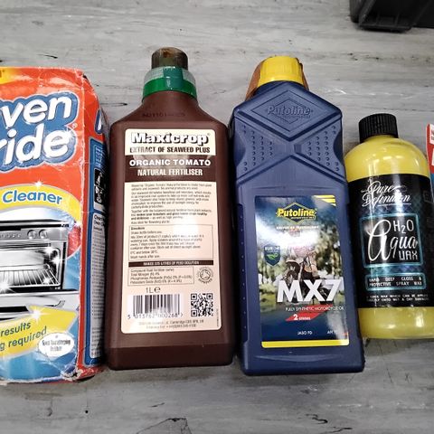 TOTE OF ASSORTED ITEMS INCLUDING OVEN PRIDE DEEP CLEANER, MAXICROP ORGANIC TOMATO NATURAL FERTILISER, MX7 SYNTHETIC MOTORCYCLE OIL, H20 AQUA WAX, LOCTITE SUPER GLUE 