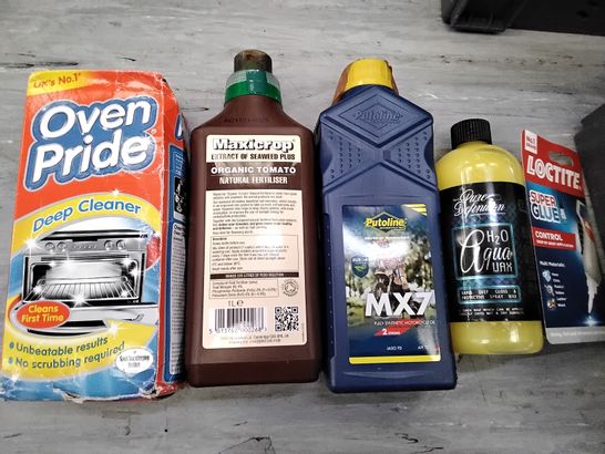 TOTE OF ASSORTED ITEMS INCLUDING OVEN PRIDE DEEP CLEANER, MAXICROP ORGANIC TOMATO NATURAL FERTILISER, MX7 SYNTHETIC MOTORCYCLE OIL, H20 AQUA WAX, LOCTITE SUPER GLUE 