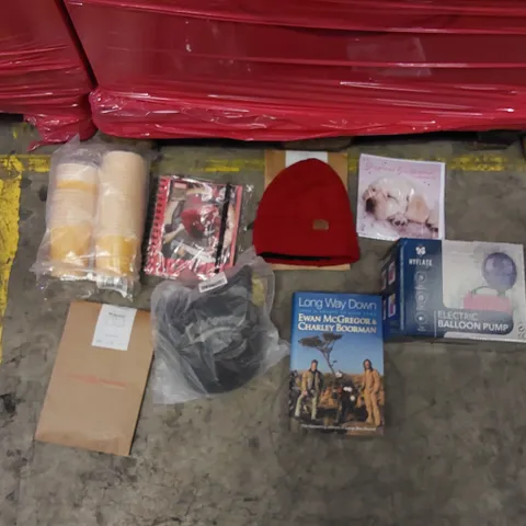 PALLET OF ASSORTED ITEMS INCLUDING: ELECTRIC BALLOON PUMP, HATS, MEN'S UNDERWEAR, BOOKS, VALENTINES CARDS, MARVELS DIARY, PAPER CUPS