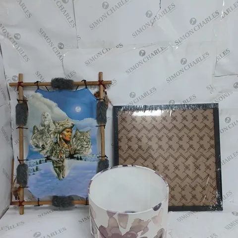 BOX OF APPROXIMATELY 6 ASSORTED ITEMS TO INCLUDE - LIGHT FLOWER SHADE - BLACK PHOTO FRAME - NATIVE AMERICAN ART PEICE ECT