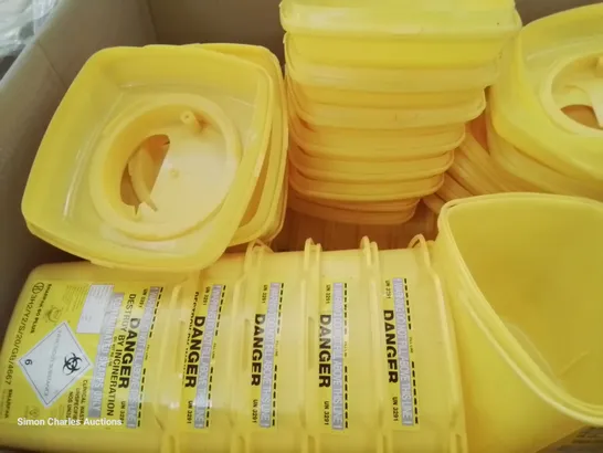 PALLET CONTAINING SHARPPAK 60 YELLOW HAZARDOUS WASTE BINS & APPROXIMATELY 14 CASES EACH CONTAINING 10 TUBS SANISAFE BACTERIAL WIPES 