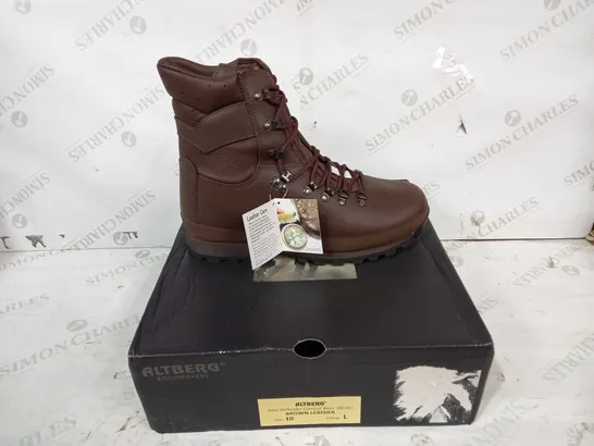 BOXED PAIR OF ALTBERG LEATHER COMBAT BOOTS IN BROWN UK SIZE10