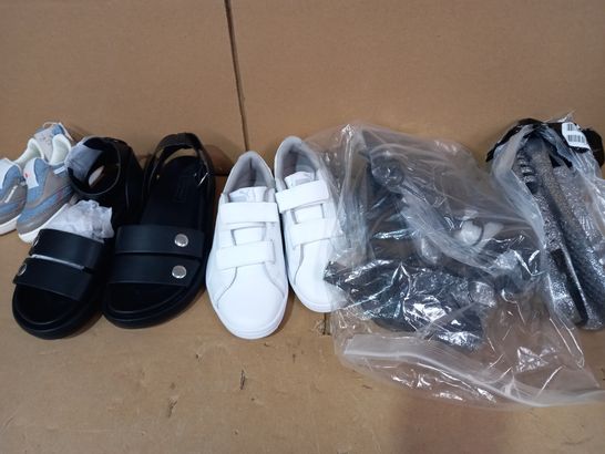 BOX OF APPROXIMATELY 5 ASSORTED DESIGNER FOOTWEAR ITEMS TO INCLUDE BLACK FAUX LEATHER SANDALS UK SIZE 3, WHITE SHOES UK SIZE 1, BABY SHOES IN BLUE, ETC