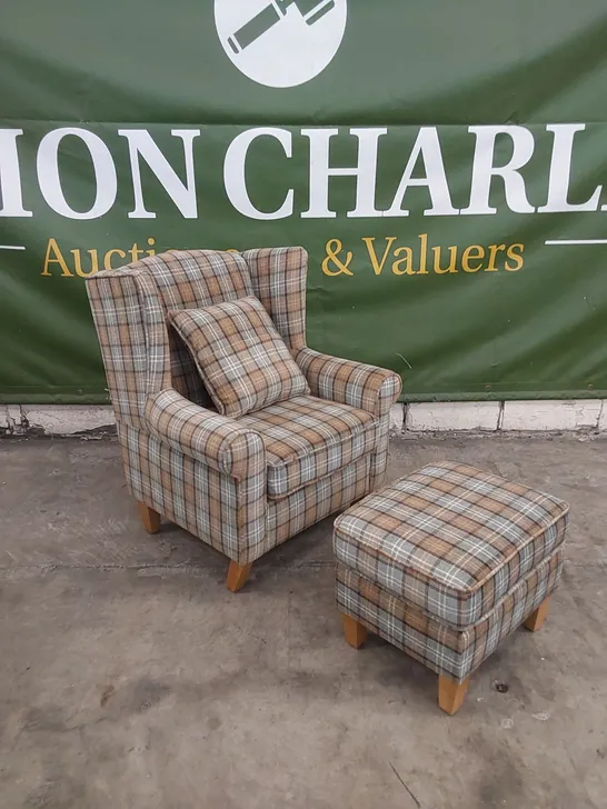 ALISON AT HOME MOTCOMB BLUE TARTAN CHAIR WITH FOOTSTOOL & SCATTER CUSHION