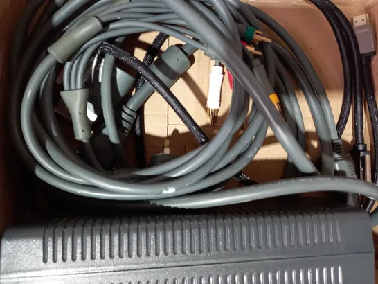 BOX OF ASSORTED XBOX CONSOLE ITEMS TO INCLUDE AC ADAPTER, WIRES AND CABLES, AND CONTROLLERS