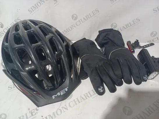 SMALL ASSORTMENT OF CYCLING GEAR TO INCLUDE HELMET, GLOVES, AND LIGHTS