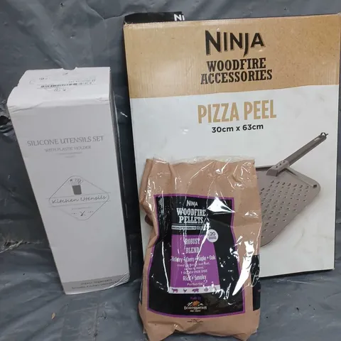 APROXIMATELY 20 ASSORTED HOUSEHOLD ITEMS TO INCLUDE NINJA PIZZA PEEL, NINJA WOODFIRE PELLETS, SILIONE UTENSILS SET, ETC