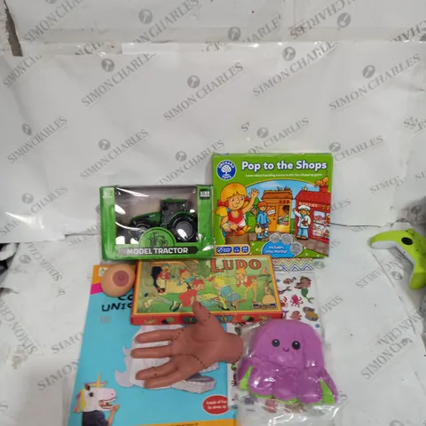 BOX OF ASSORTED TOYS TO INCLUDE COLOURING BOOKS, TRACTORS, PLAY SHOP ETC 