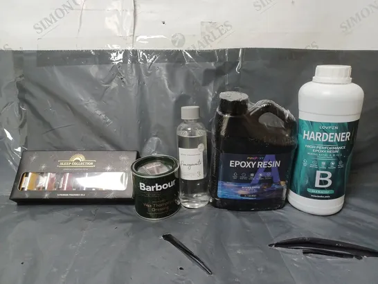 BOX OF APPROXIMATELY 15 ASSORTED ITEMS TO INCLUDE - BARBOUR WAX THORNPROOF DRESSING , LOVFEN HARDENER EPOXY RESIN , EPOXY RESIN ETC