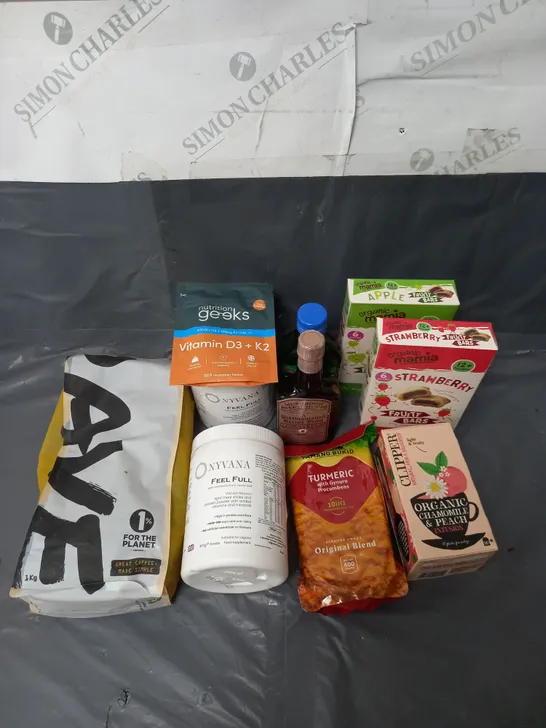 APPROXIMATELY 10 ASSORTED FOOD & DRINK ITEMS TO INCLUDE - NYVANA VANILLA MEAL SHAKE - GEO WATKINS MUSHROOM KETCHUP - NUTRITION GEEKS VITAMIN D3 + K2 TABLETS - ETC 