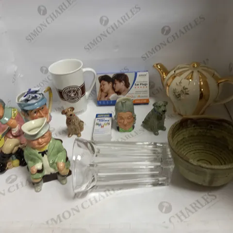 LOT OF ASSORTED HOUSEHOLD GOODS TO INCLUDE TOBY CUPS, TEAPOT, AND SLEEP EARPLUGS ETC.