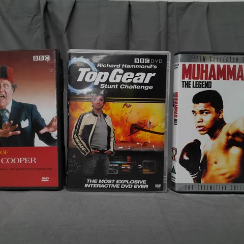 BOX OF APPROXIMATELY 20 ASSORTED DVDS TO INCLUDE BEST OF TOMMY COOPER, TOPGEAR, MUHAMMED ALI, ETC