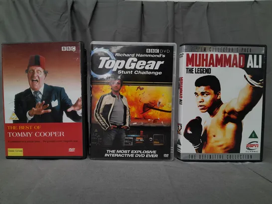 BOX OF APPROXIMATELY 20 ASSORTED DVDS TO INCLUDE BEST OF TOMMY COOPER, TOPGEAR, MUHAMMED ALI, ETC