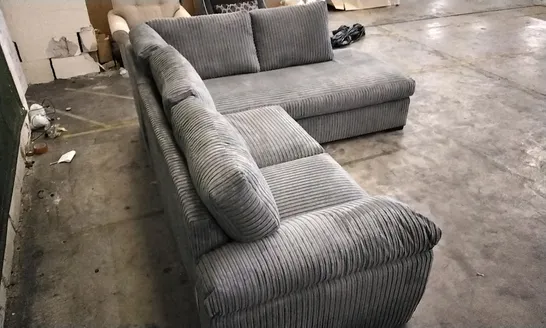 DESIGNER JUMBO CORDED GREY FABRIC CORNER GROUP SOFA WITH CHAISE SECTION