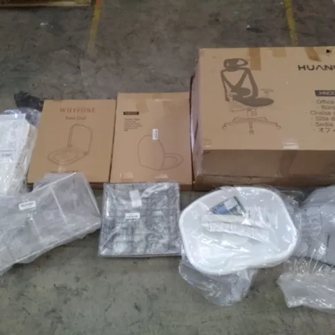 UNPROCESSED PALLET OF ASSORTED HOUSEHOLD GOODS TO INCLUDE HUANUO OFFICE CHAIR, WHYFONE TOILET SEAT, AND DRYING RACK