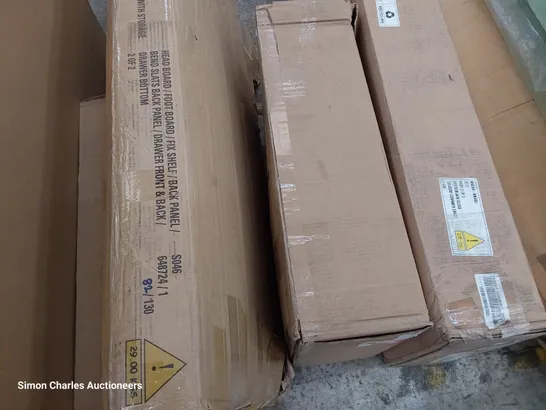 APPROXIMATELY 12 BOXES OF FURNITURE PARTS INCLUDING TABLES, BED PARTS, CHEST OF DRAWER PARTS, BIN.