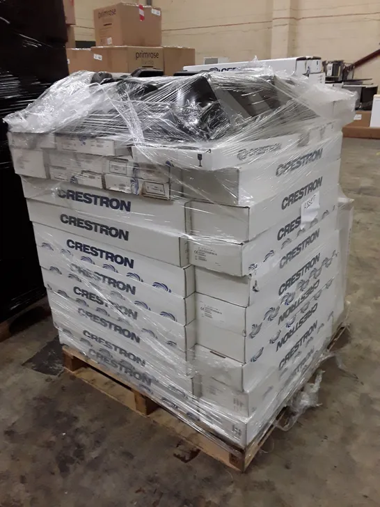 PALLET CONTAINING ASSORTED CRESTRON PRODUCTS INCLUDING TABLE TOP CONFERENCE SYSTEMS, GRAVITY CABLE RETRACTORS FOR FT2 SERIES & UNDERTABLE SHELVES FOR FT2 SERIES 