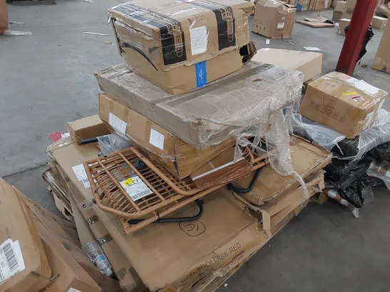 PALLET OF ASSORTED HOUSEHOLD ITEMS AND FURNITURE PARTS