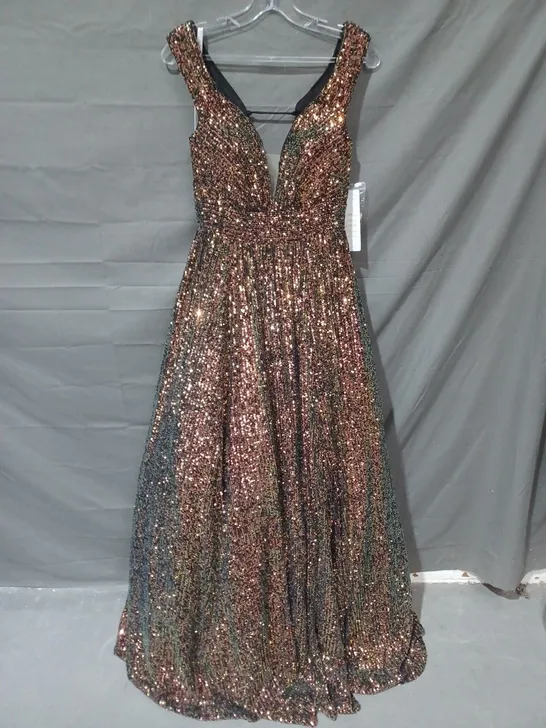 TIFFANY DESIGN SEQUIN MESH BACK TIE DRESS IN GOLD COLOUR - SIZE 6