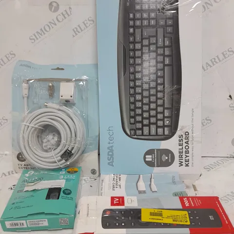 BOX OF APPROXIMATELY 20 ASSORTED ITEMS TO INCLUDE KEYBOARD, TV REMOTE, TP LINK ETC