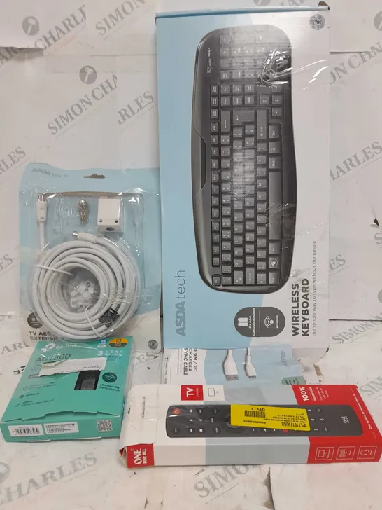 BOX OF APPROXIMATELY 20 ASSORTED ITEMS TO INCLUDE KEYBOARD, TV REMOTE, TP LINK ETC
