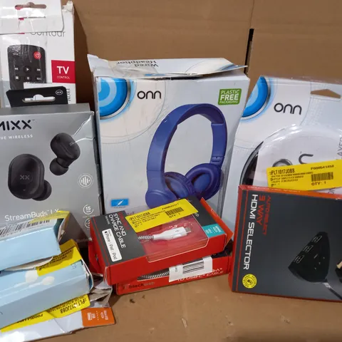 LOT OF ASSORTED ITEMS TO INCLUDE MIXX STREAMBUDS LX, BLACKWEB 3 WAY HDMI SELECTOR, BLACKWEB SYNC AND CHARGE CABLE, ONE FOR ALL CONTOUR UNIVERSAL REMOTE, ETC. 
