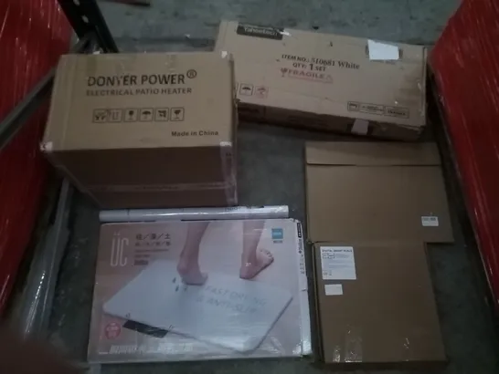 PALLET OF ASSORTED ITEMS INCLUDING DONYER POWER ELECTRICAL PATIO HEATER, FAST DRYING & ANTI-SLIP, DIGITAL SMART SCALE, HODE CONTACT PAPER, LARGE METAL DECORATION 